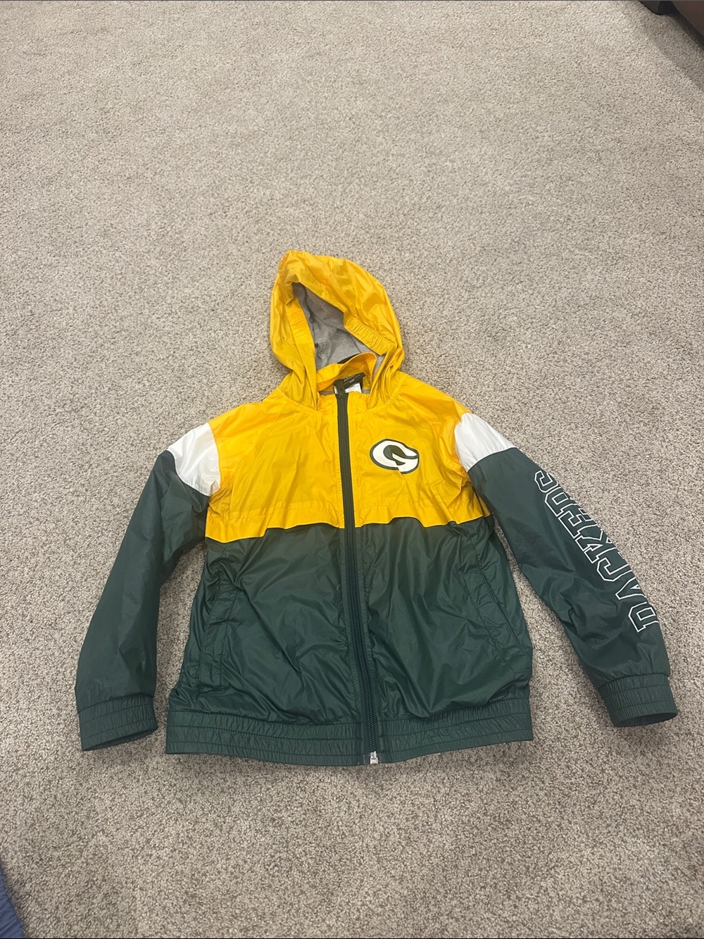 NFL Green Bay Packers Kids Yellow and Green Hooded Windbreaker Jacket 5/6